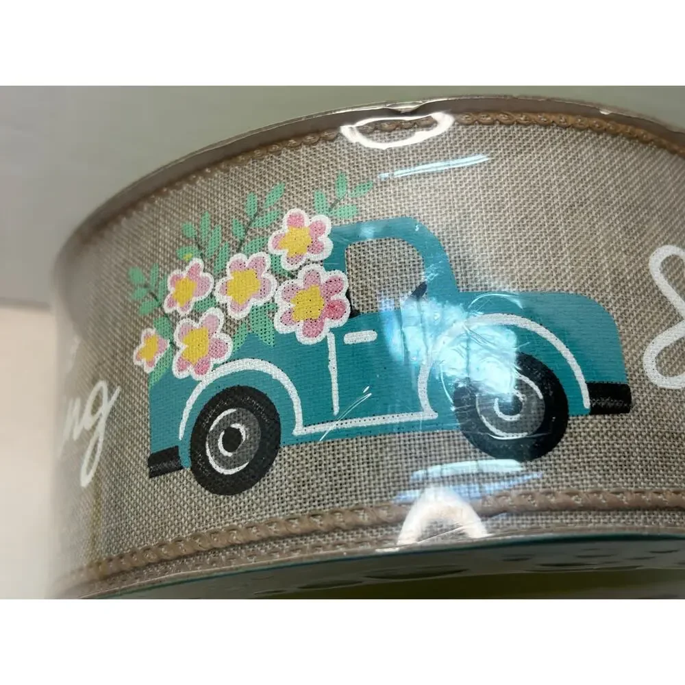 Premium Ribbon Welcome Teal Truck Flowers Burlap Wire Edge 50 yards Wreath